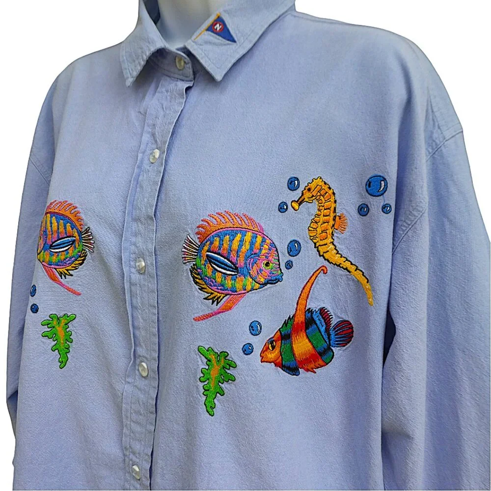 Vintage Casey Coleman Embroidered Shirt Sea Aquarium Light Blue Seahorse Fish XL